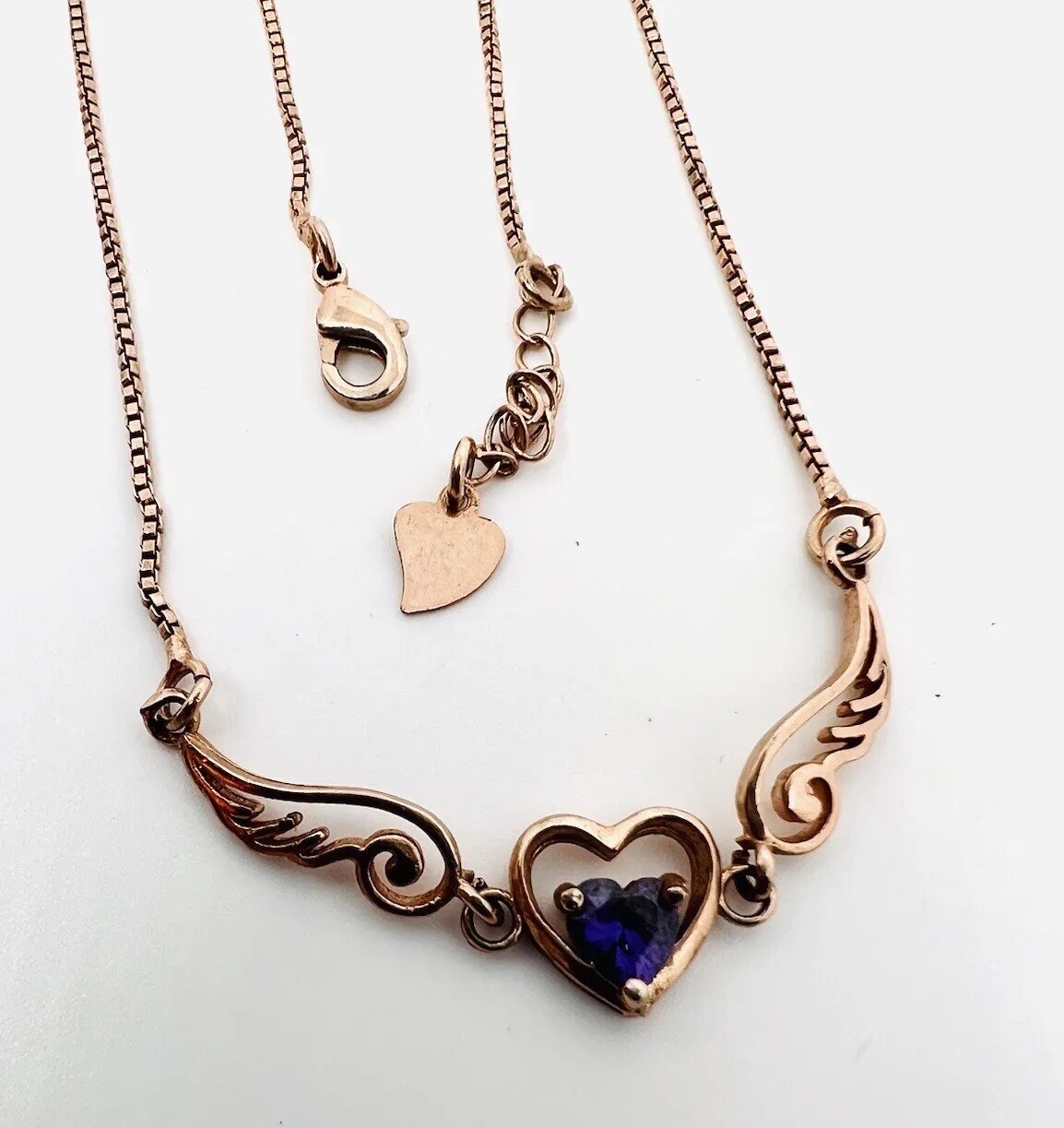 Sterling Silver Rose Gold Vermeil Amethyst Heart & Wings Necklace 18 Inch