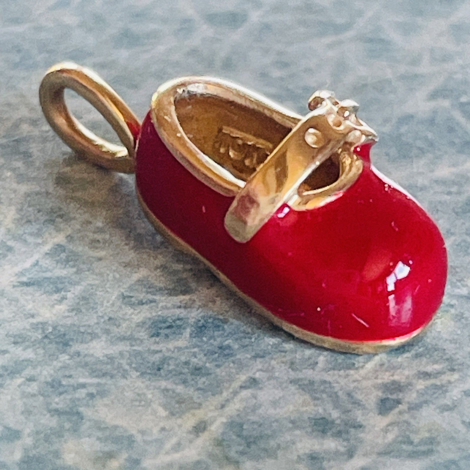 Vintage Aaron BASHA 10k Gold Red Baby Shoe w/ Buckle Pendant Charm