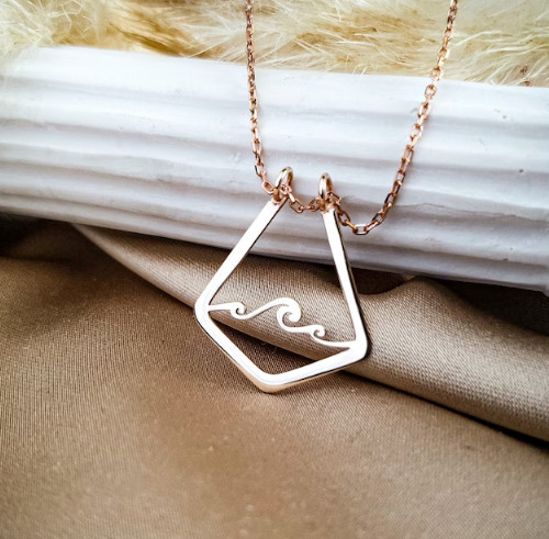Rose Gold Ocean Wave Pendant Necklace Geometric Open Frame Beach Jewelry for Her
