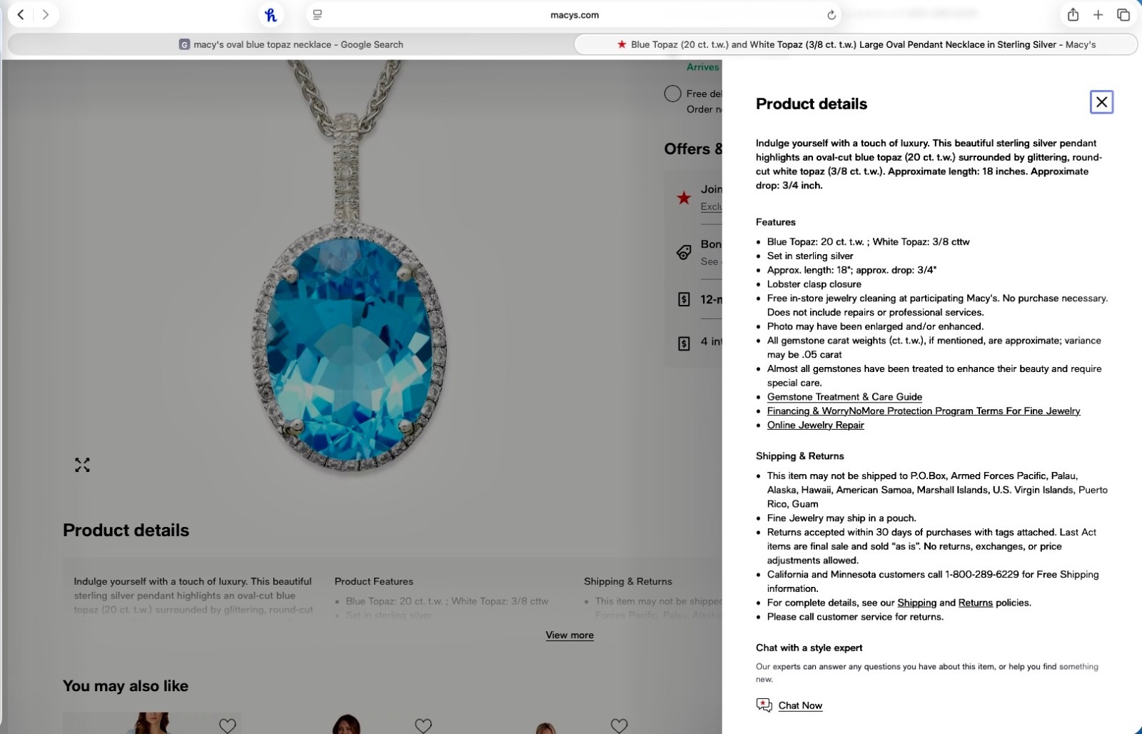 Sterling Silver 925 Large Oval Blue Topaz and White Topaz Pendant With 17″ Chain