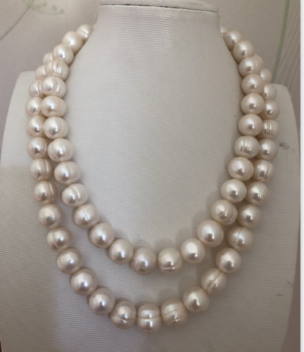 35″L HUGE 10-12MM NATURAL SOUTH SEA GENUINE WHITE PEARL NECKLACE 925s CLASP