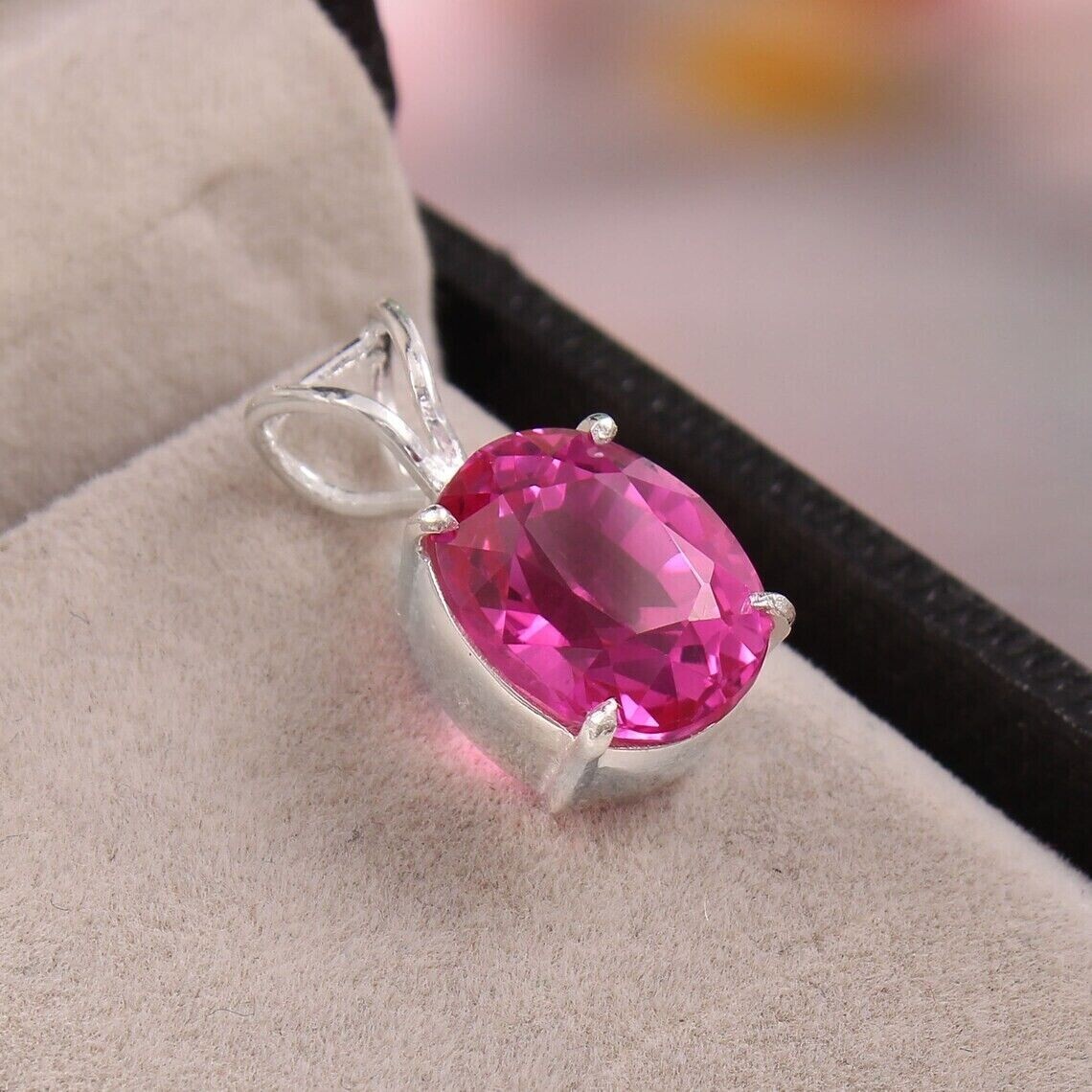 2Ct Oval Lab-Created Pink Ruby Solitaire Pendant Necklace 14K White Gold Plated