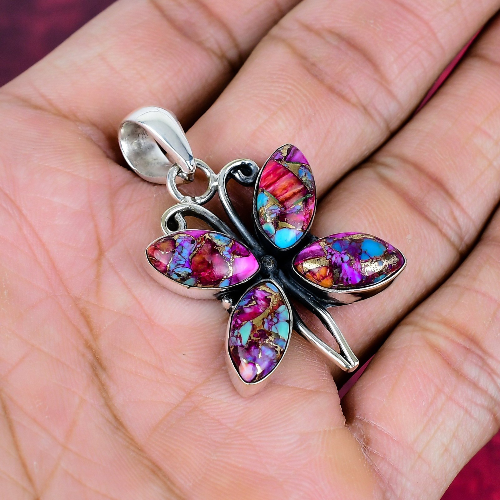 Pink Copper Turquoise Gemstone Handmade 925 Sterling Silver Jewelry Pendant