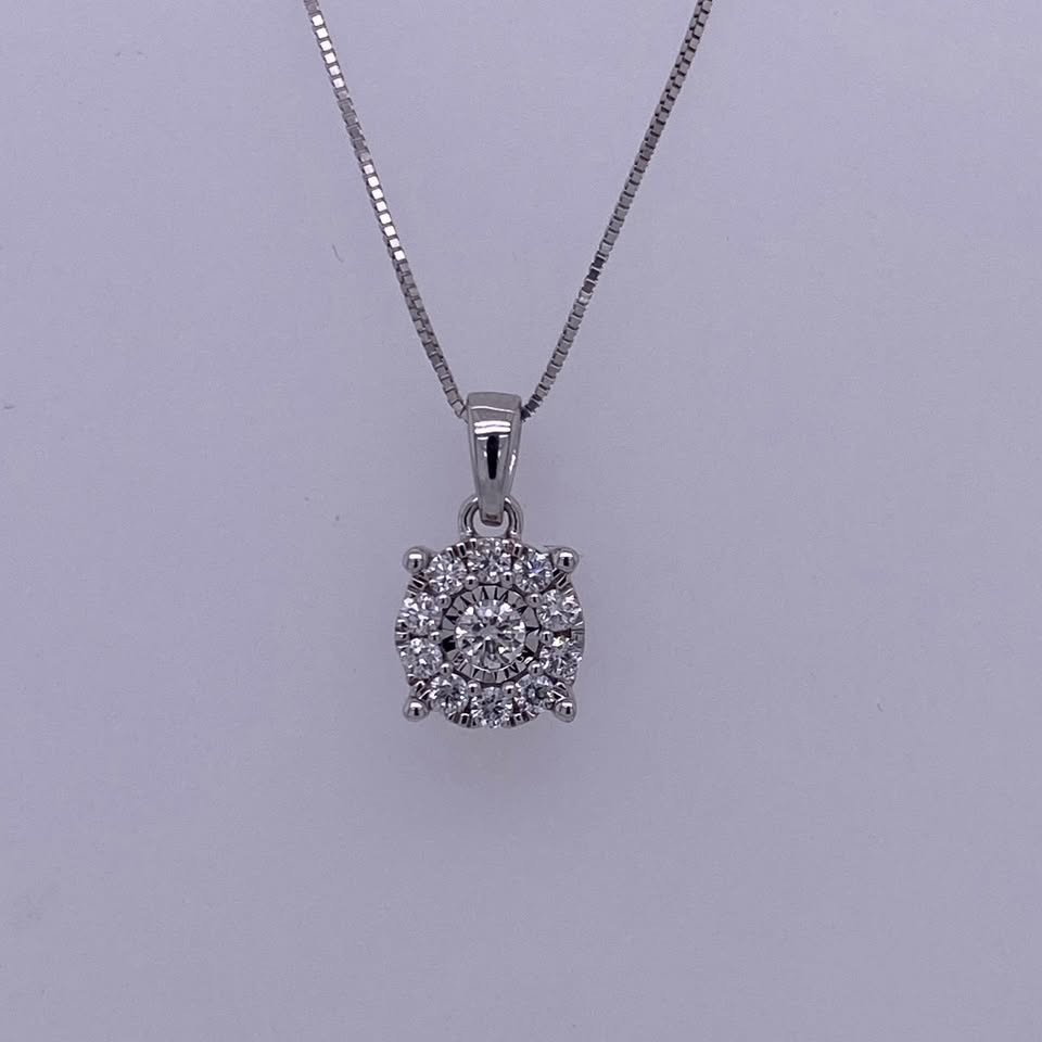 14k White Gold Thin Box Link Necklace W/ Round Diamond Pendant