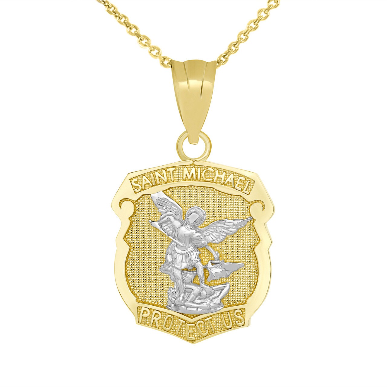 Gold St. Michael Protect Us Shield Pendant Necklace (Yellow/Rose/White/Two Tone)