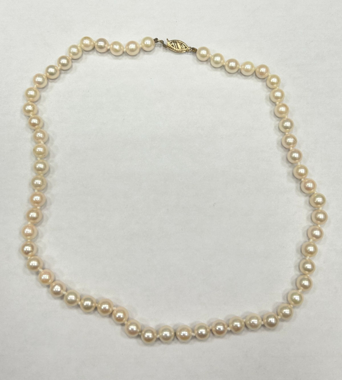 Vintage 18 Inch 6.7MM Hand Knotted Pearl Necklace 14k Yellow Gold Clasp