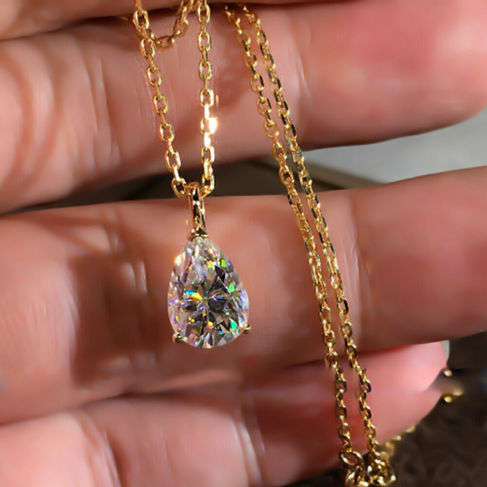 3.00 Ct Pear Cut Moissanite 3 Prong Solitaire Pendant /No chain In Yellow Gold