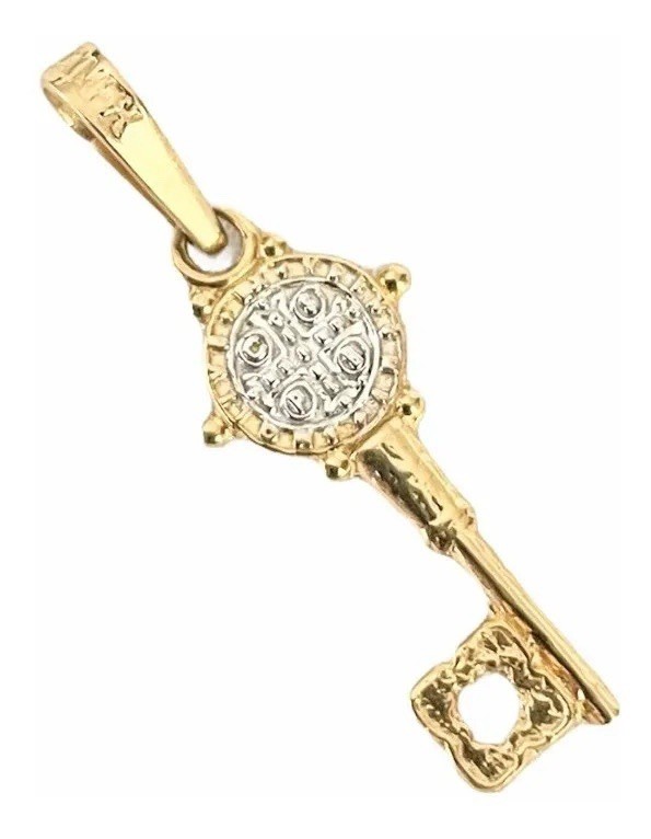 10k Yellow Gold Saint Benedict San Benito Key Pendant 2.4 Cm Made In MEXICO