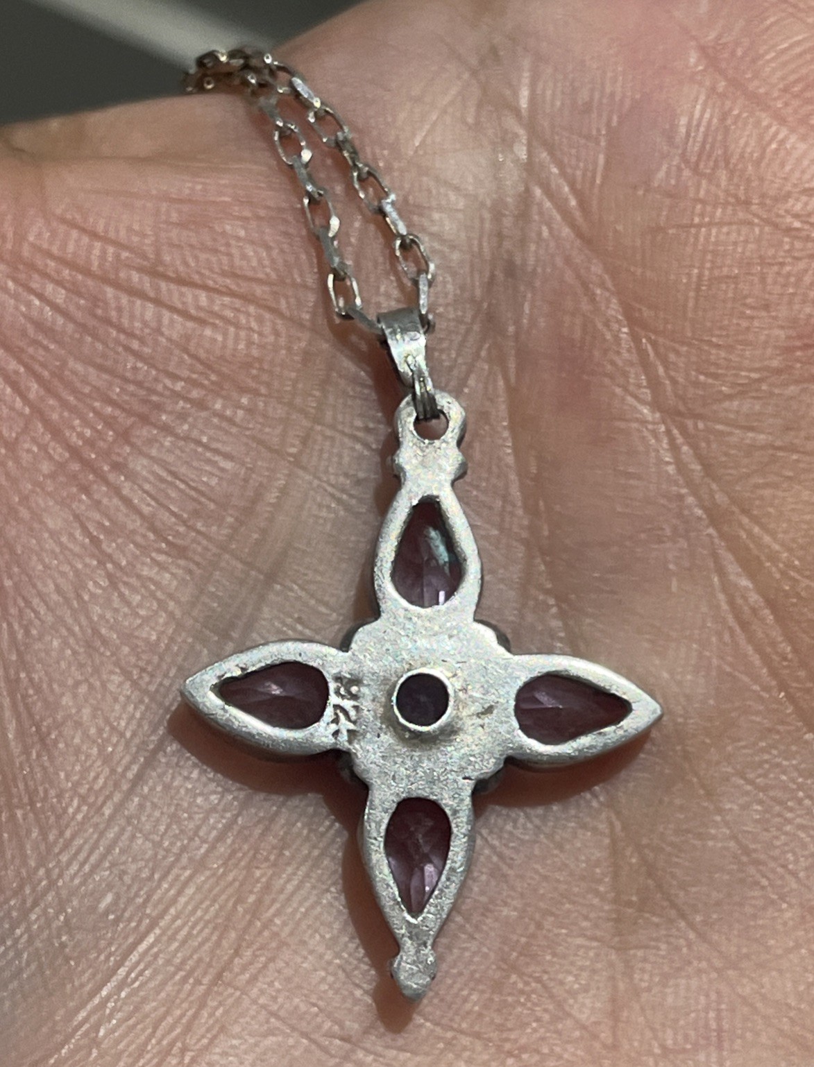 VINTAGE 925 Amethyst Pendant, Gothic Solid Sterling Silver Faceted Cross/Flower