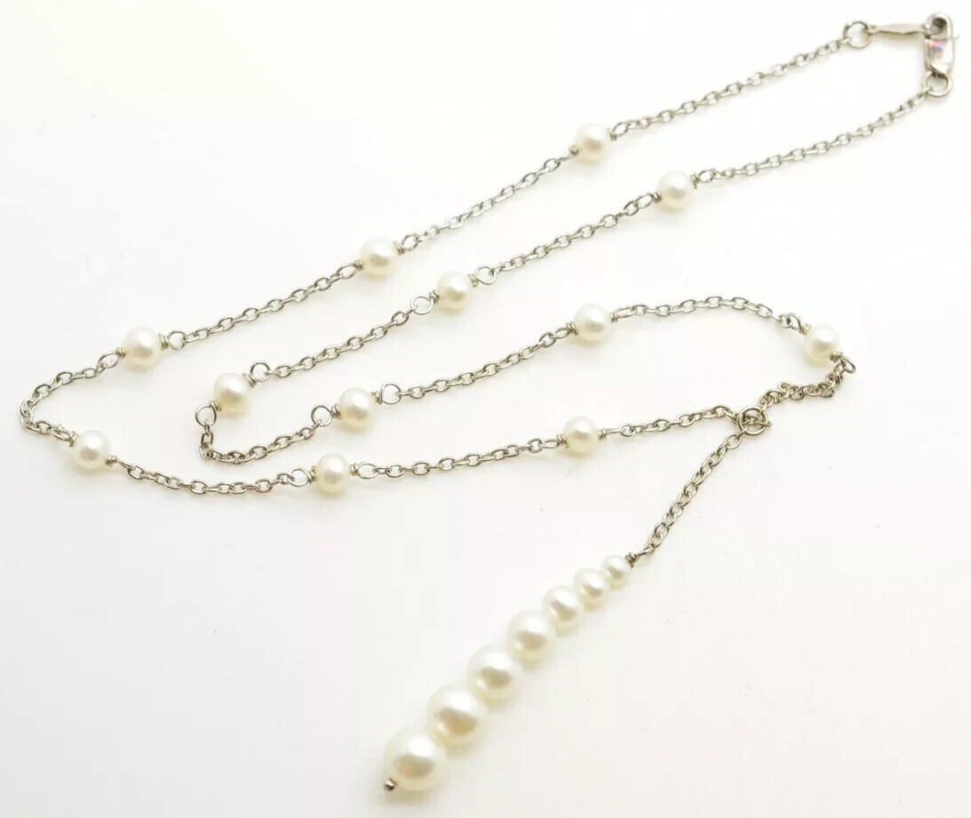 Pearl Sterling Silver Strand Necklace Chain w/ Graduated Pearl Pendant Dangle