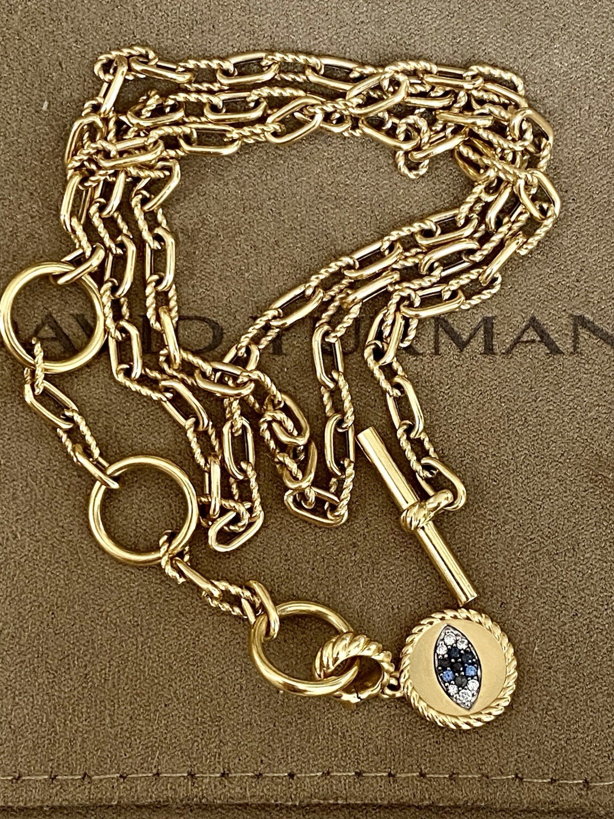 David Yurman 18K Gold Madison Necklace 3mm 17” Toggle 3 Ring Amulet Holder $4400