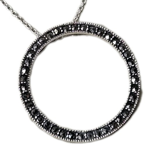 925 Sterling Silver Marcasite Circle Pendant Slide Necklace – 4.5g