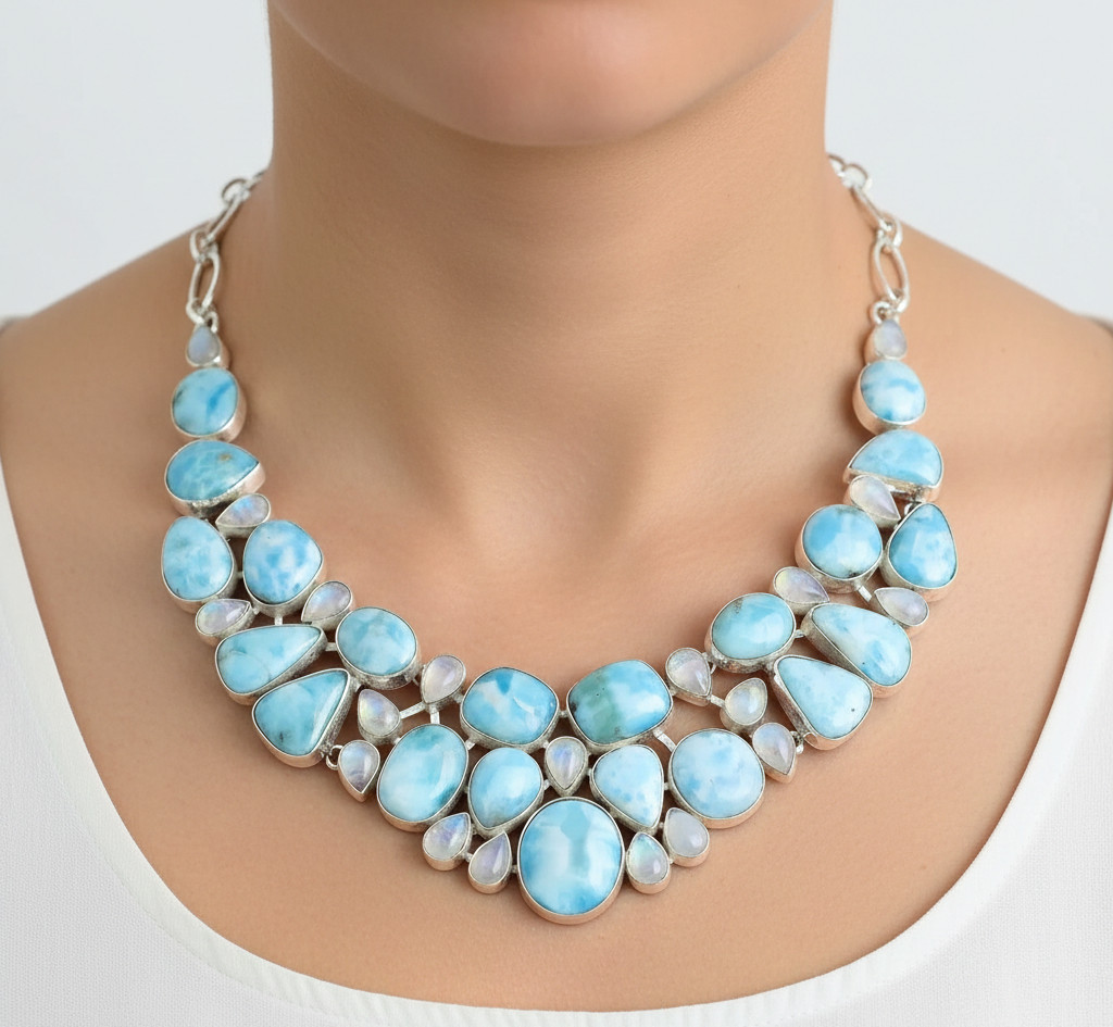 Natural Larimar Moonstone Necklace 925 Sterling Silver Artisan Jewelry S-18″