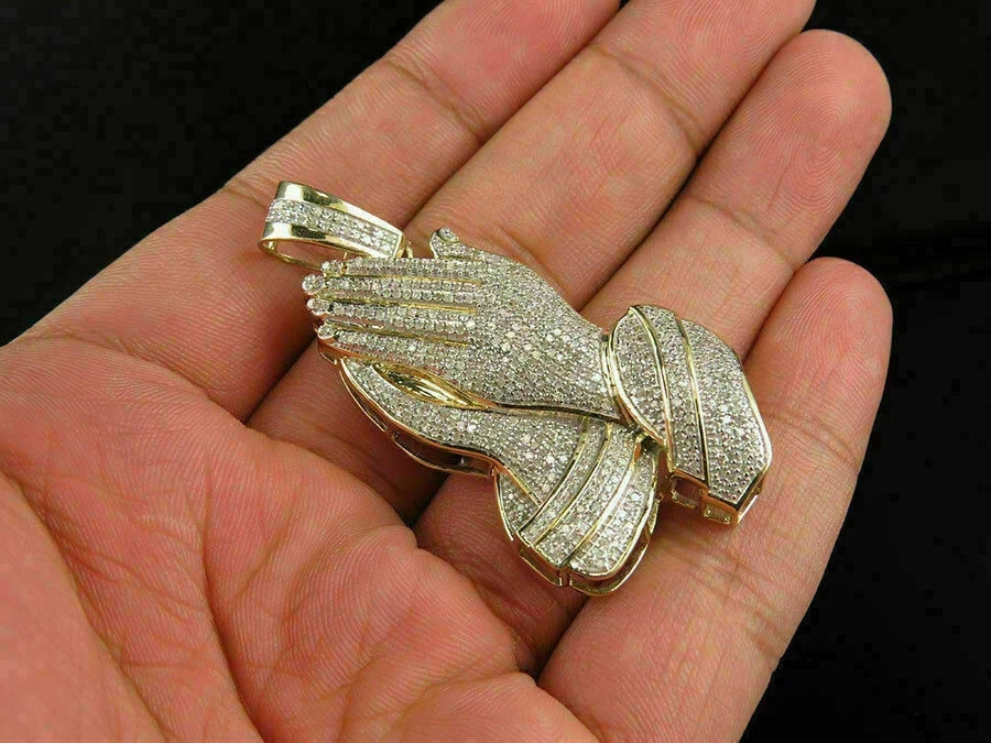 1.80Ct Round Brilliant Cut Diamond Praying Hands Pendant 14K Yellow Gold Plated