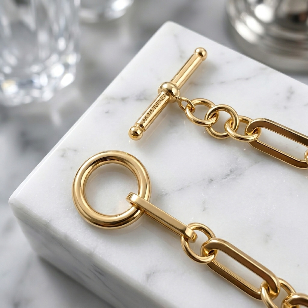 Technibond Paper Clip Chain Necklace Toggle Lock 14K Yellow Gold Plated Silver