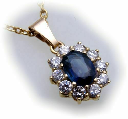 Pendant Gold 585 Real Sapphire 0 9/32×0 3/16in Brilliant 0,40ct 14kt Yellow Gold