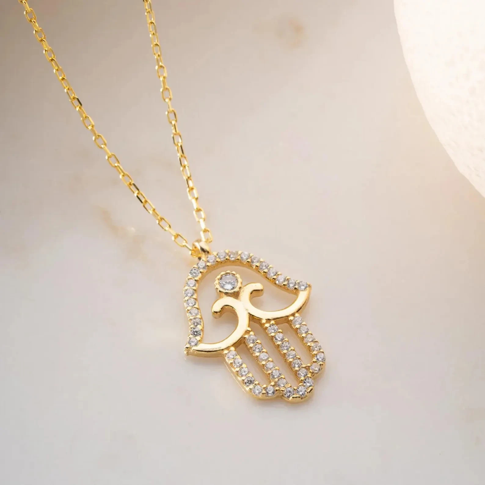 0.40 Ct Round Moissanite Hamsa Religious Womens Necklace 14K Yellow Gold Plated