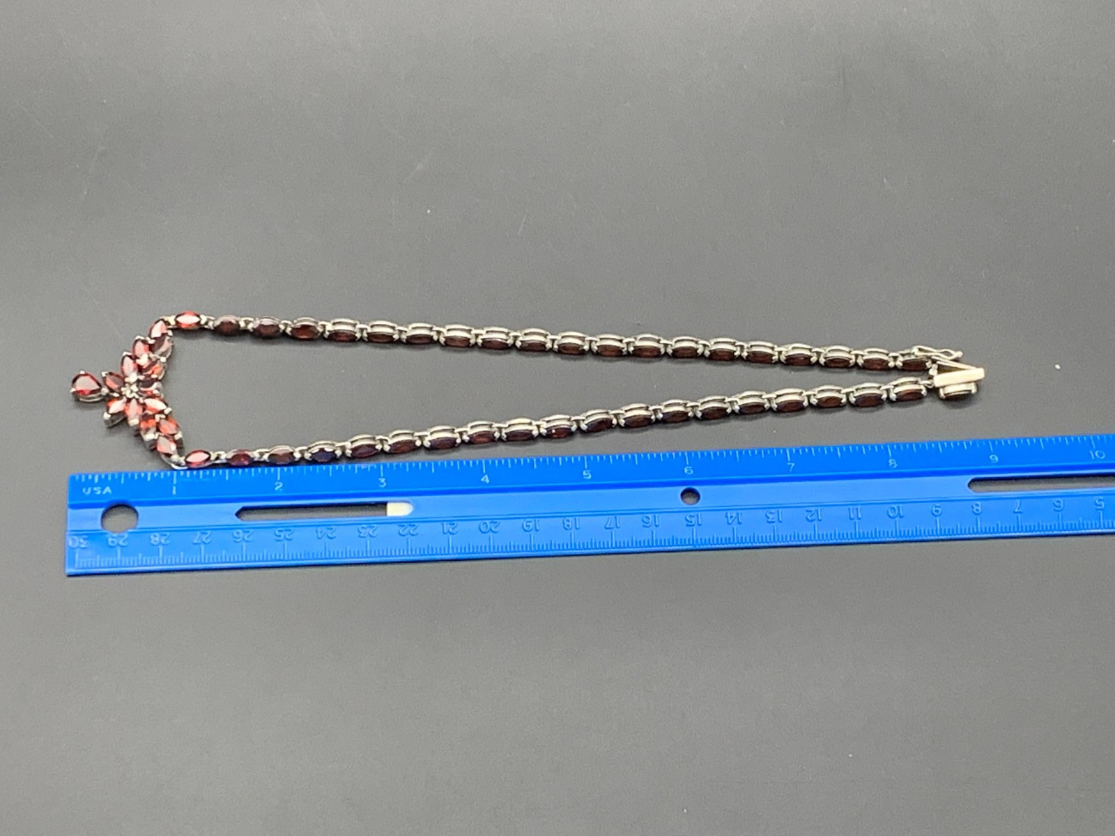NF 925 STERLING SILVER GARNET COCKTAIL TENNIS DROP NECKLACE (671)