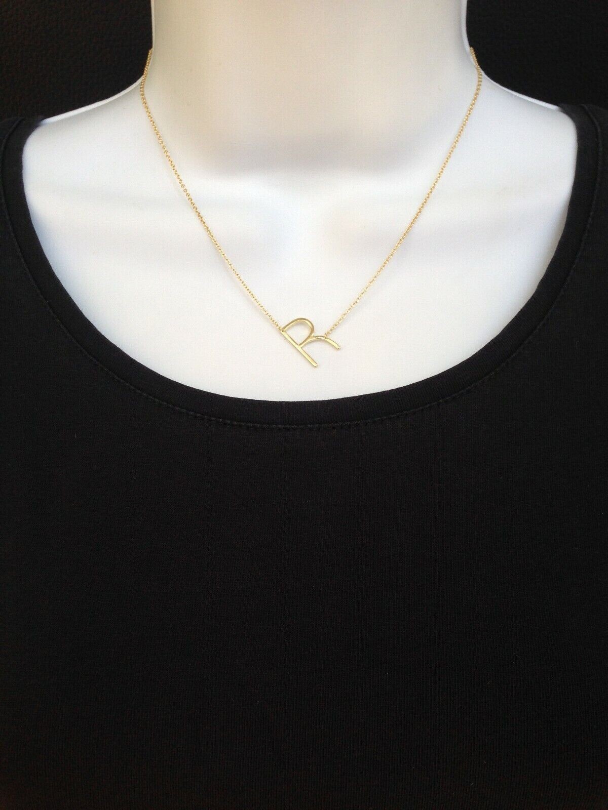 925 Sterling Silver Sideways Initial Letter R Pendant Necklace Gold Women 16mm