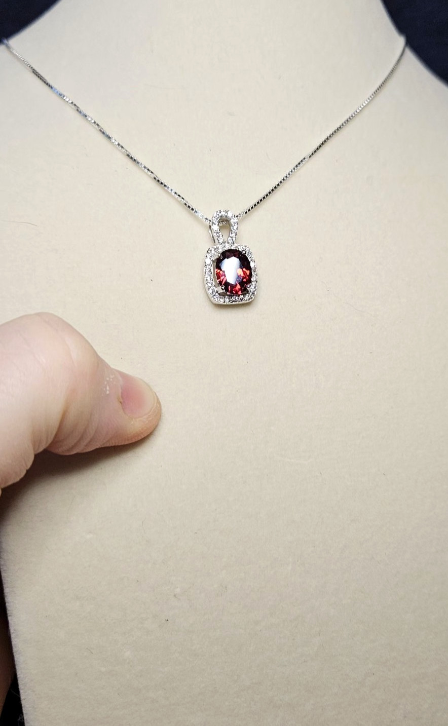 925 Sterling Silver Garnet with Moissanite Halo and 925 Italian Silver Box Chain