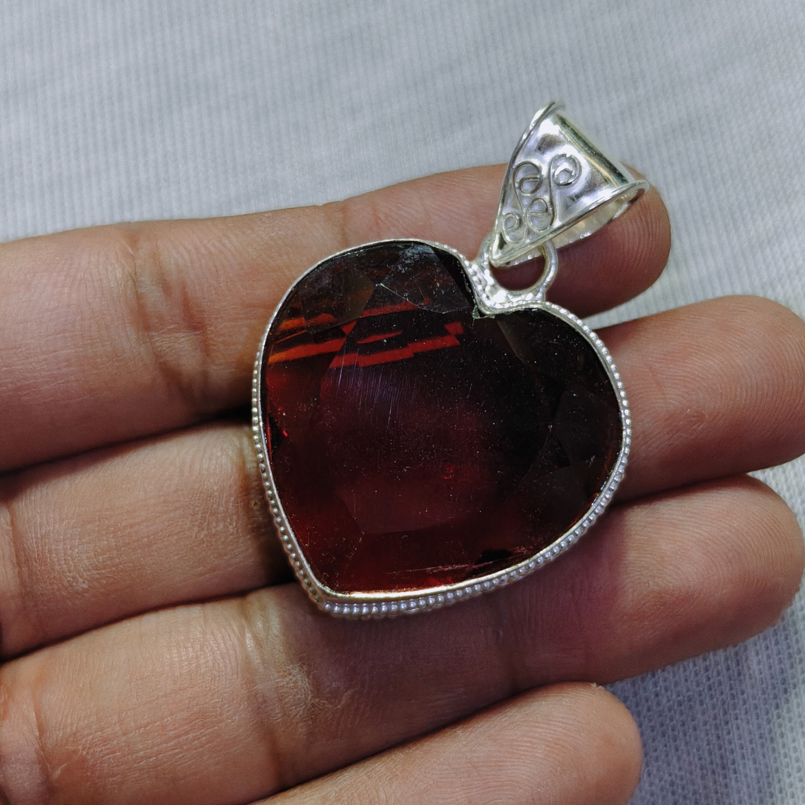 Red Garnet Quartz Gemstone Pendant Handmade Sterling Silver Heart Cut Pendant