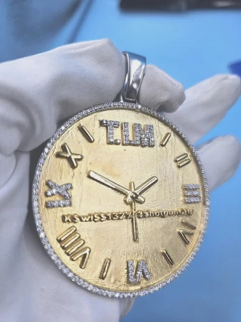 1.20Ct Round Cut Natural Moissanite Men’s Clock Pendant 14K Two Tone Gold Plated
