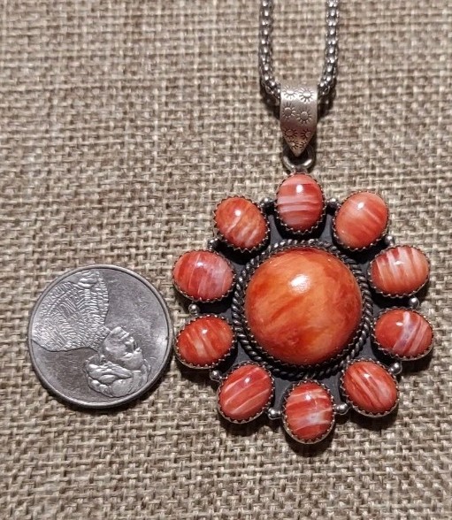 New HUGE Sterling Silver Natural Orange Spiny Cluster Pendant with Chain