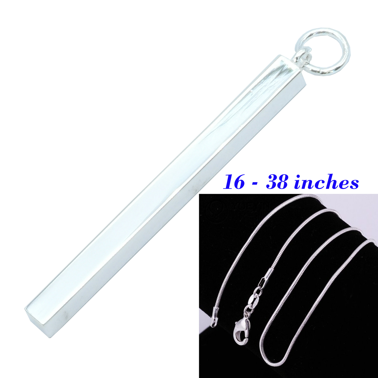 925 Sterling Silver Hypoallergenic Classic Bar Pendant + 16″~38″ Chain Necklace