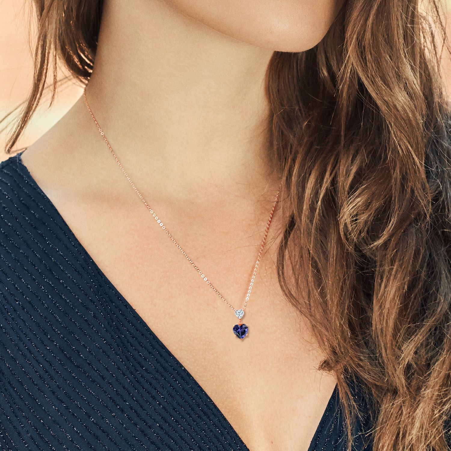 18K Rose Gold Plated Silver Heart Shape Blue Iolite and Moissanite Pendant