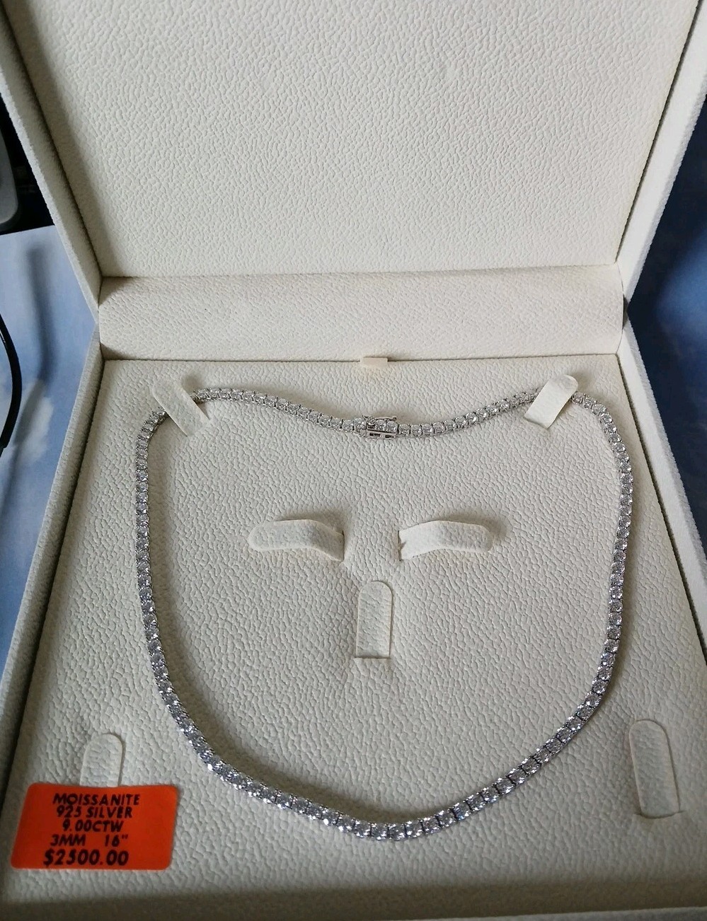 VVS D Color Moissanite Tennis Chain 16″ Rhodium Plated .925 St. Silv. 3mm W/box