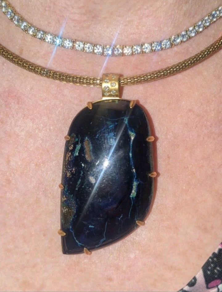 10k Yellow Gold Diamond Bail Blue Azurite Gemstone Large Pendant OOAK Women’s