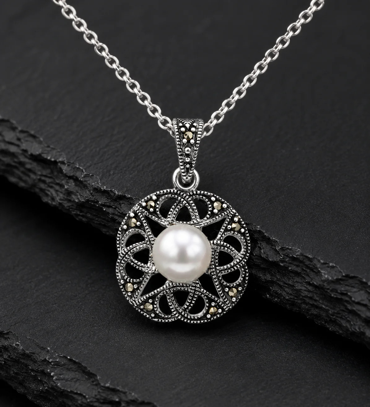 Sterling Silver Freshwater Pearl & Marcasite Filigree Pendant