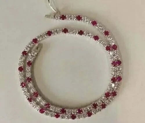 3MM Round Lab Created Ruby And Diamond Tennis Necklace 14K White Gold Plated 18″