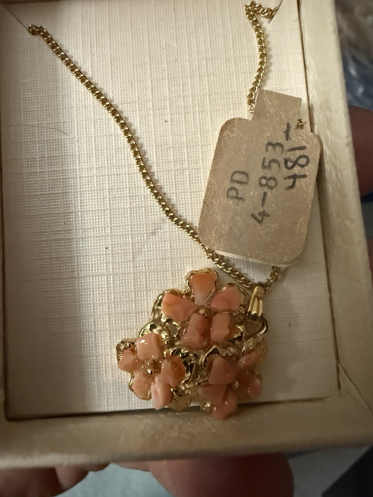Gold Necklace with Coral/Gold Pendant small delicate chain in original packing