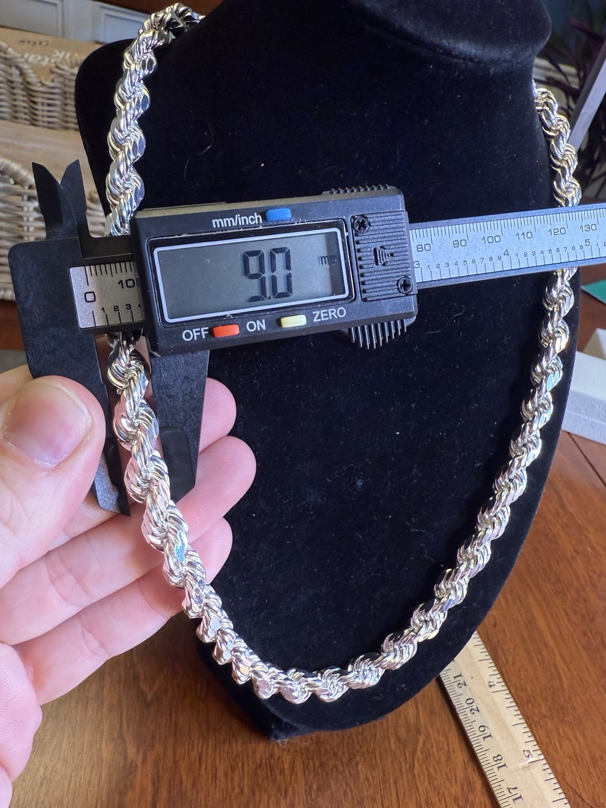24” 9MM 925 Sterling Silver (~71g) Diamond Cut Rope Chain Necklace