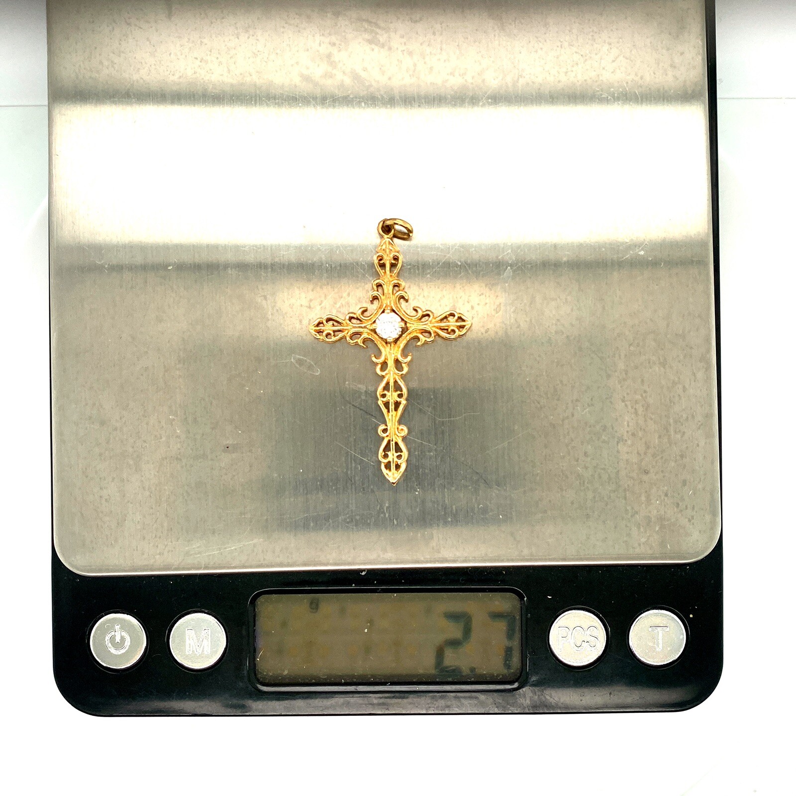 Vintage 14k Yellow Gold 0.25 Ct Diamond Open Swirl Cross Pendant Female / Male