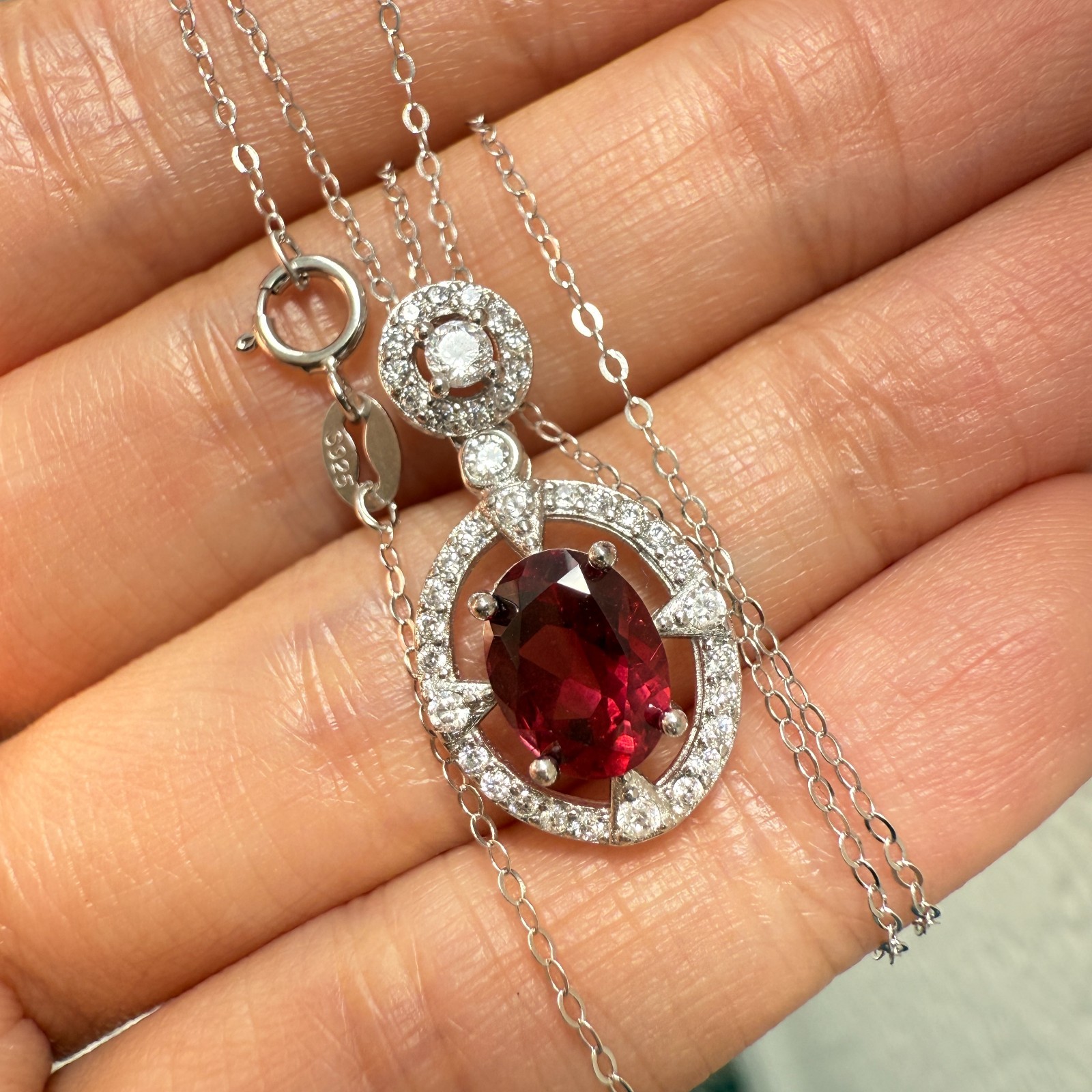 925 Sterling Silver Necklace 8x6mm Natural Garnet Zircon Flower Handmade Chain