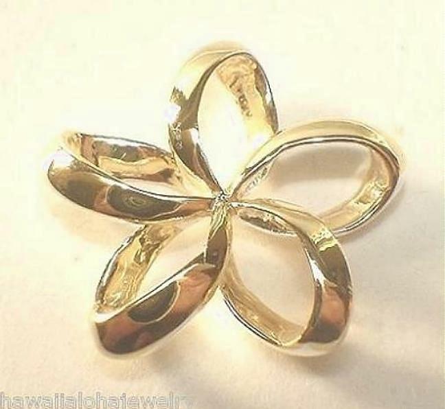 26MM 2-TONE YELLOW GOLD PLATED 925 SILVER HAWAIIAN RIBBON PLUMERIA SLIDE PENDANT