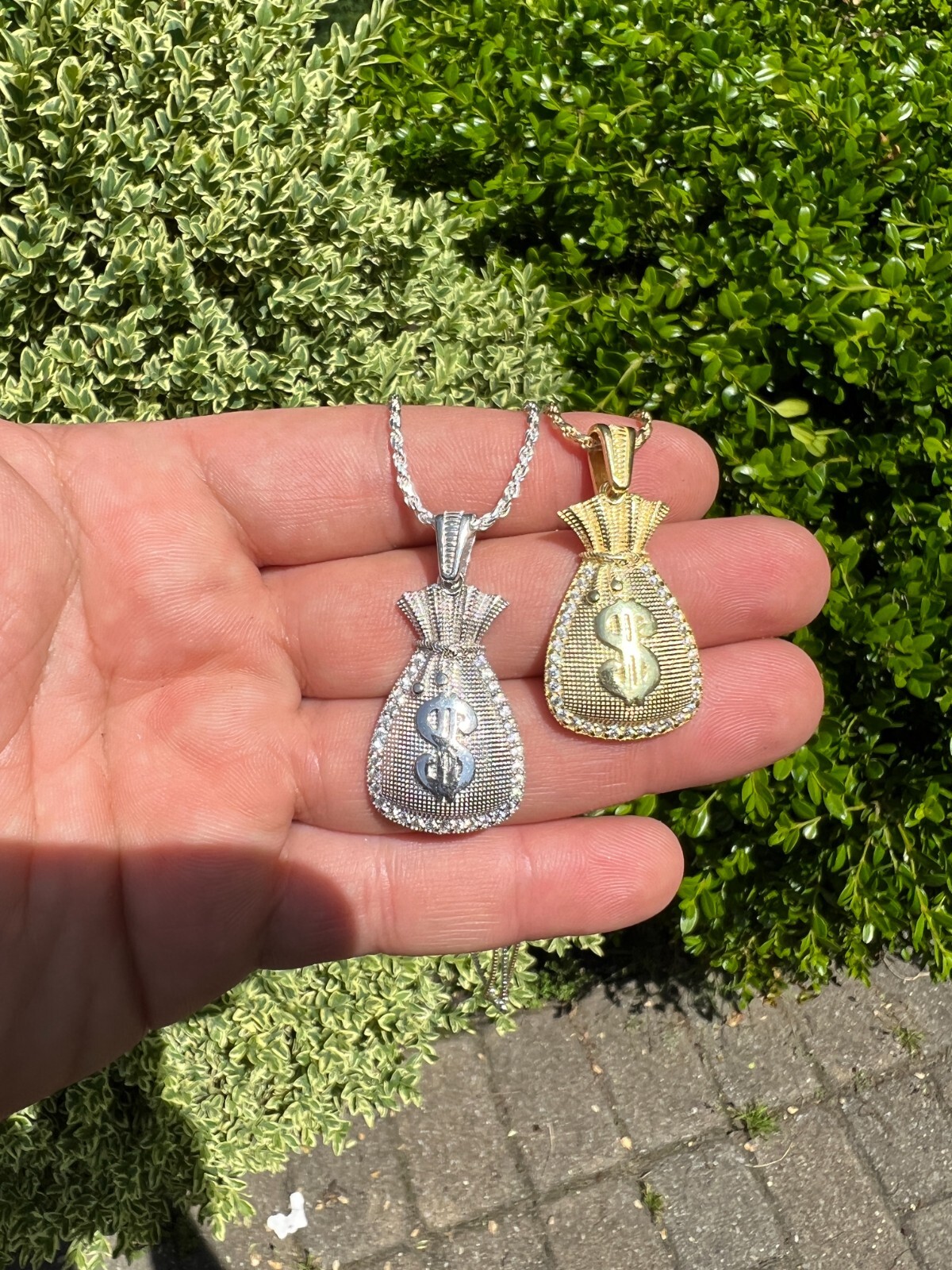 Real 925 Silver / 14k Gold Plated Money Bag Dollar Sign Pendant Necklace Iced CZ