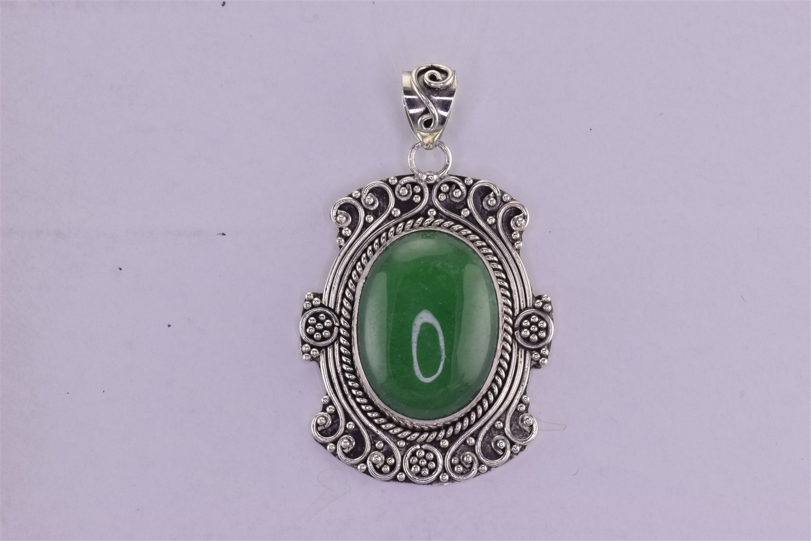 Sterling Silver 36mm x 26mm Oval Green Jade Balinese 10g Statement Pendant