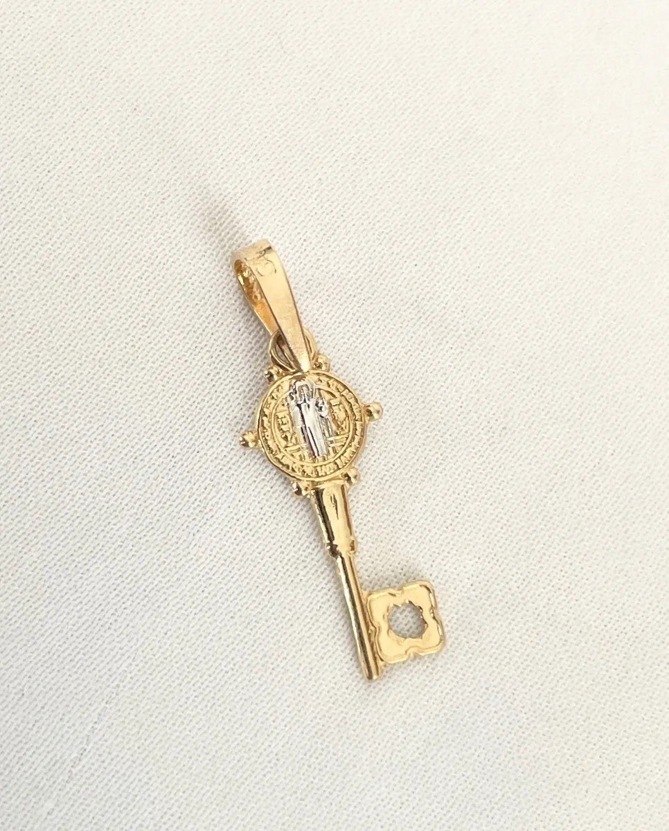 10k Yellow Gold Saint Benedict San Benito Key Pendant 2.4 Cm Made In MEXICO