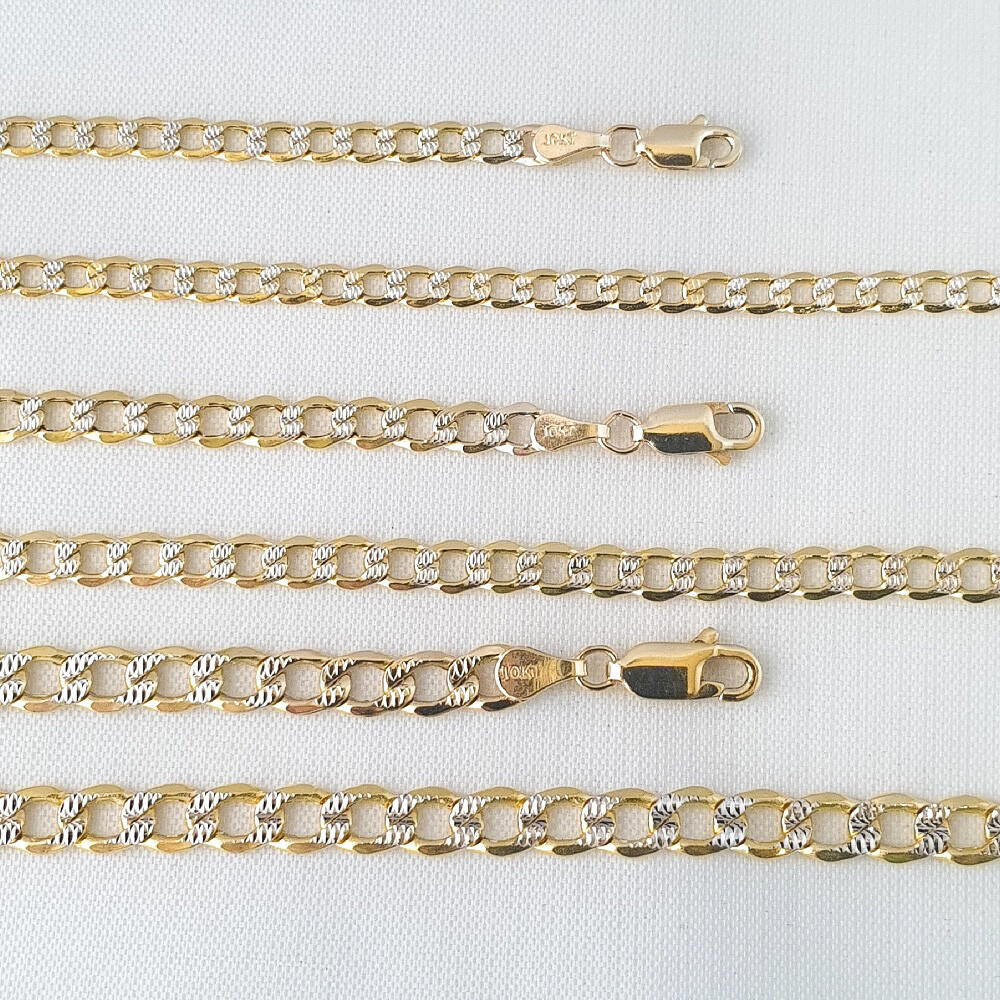 HOLLOW 10K Yellow Gold 3-5.5mm Diamond Cut White Pave Cuban Curb Chain Necklace