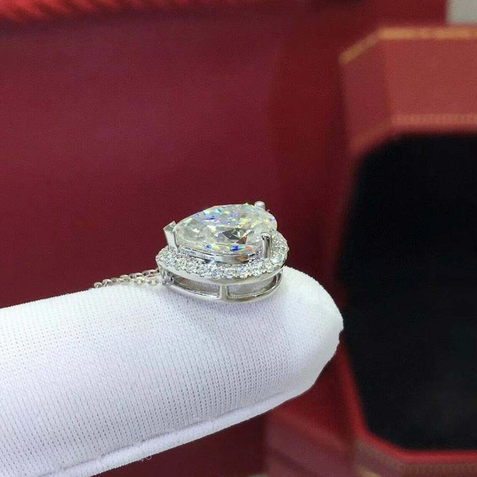 1.25 Ct Pear Cut Lab Real Moissanite Halo Teardrop Pendant 14K White Gold Plated