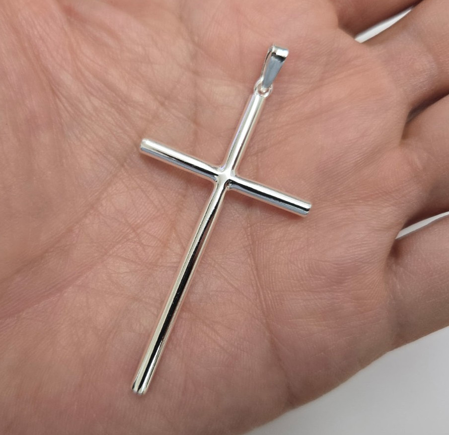 925 Sterling Silver Large Plain Tubular Cross Pendant 2 1/4 Inch Tall (56mm)
