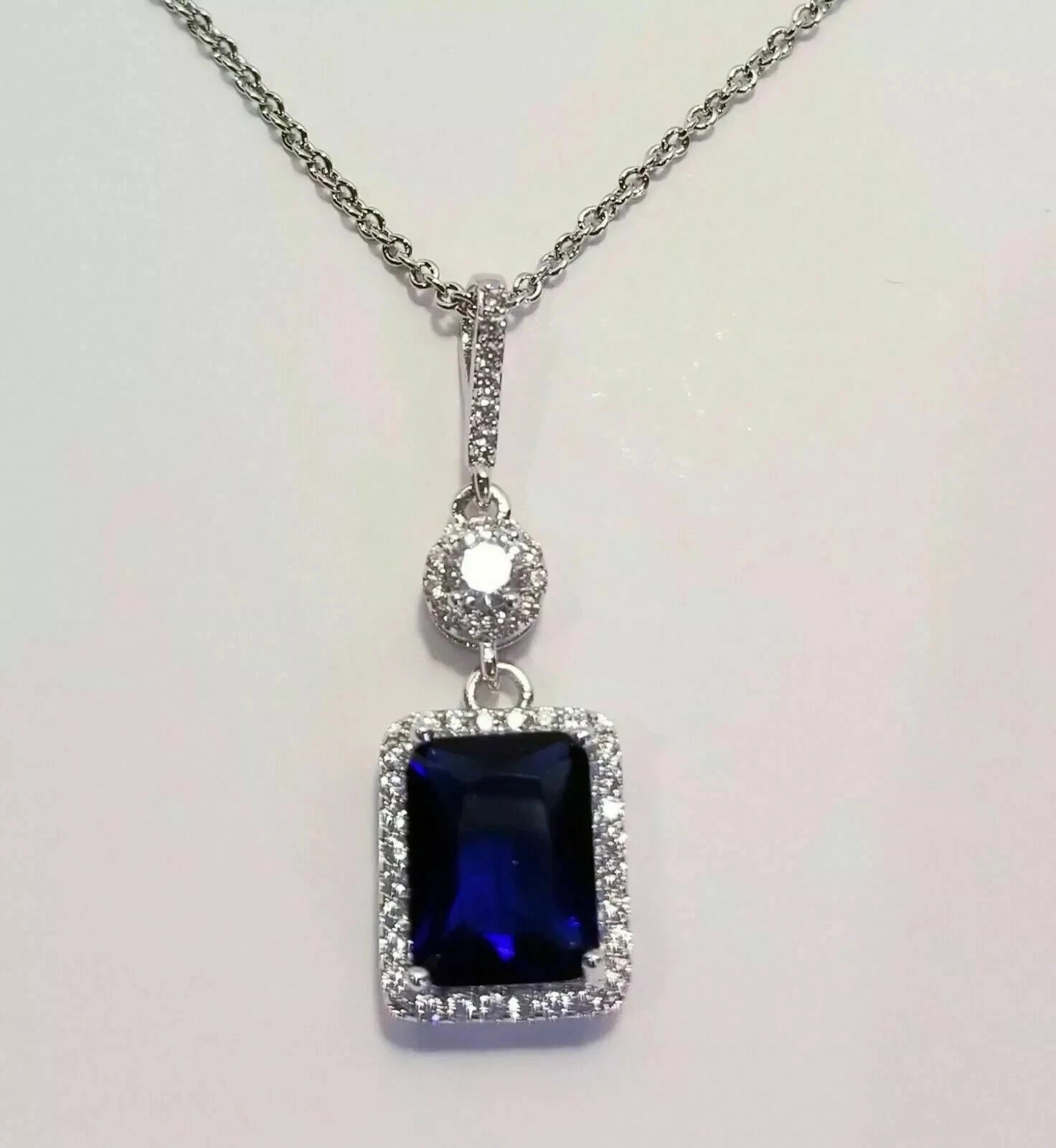 2.50Ct Emerald Cut Blue Sapphire Halo Pendant 14K White Gold Finish Free Chain