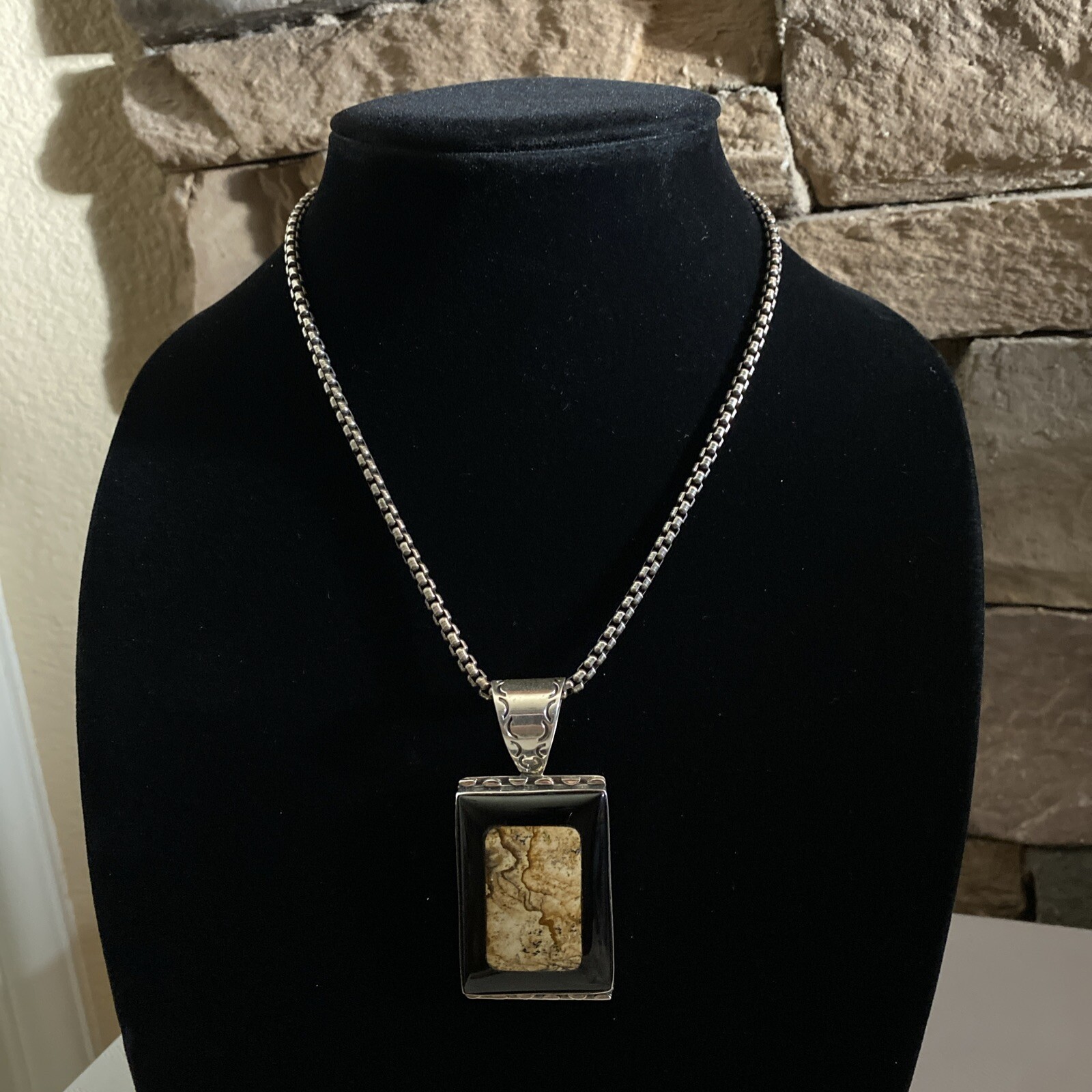 Jay King Beautiful Sterling Silver Black Onyx W/Picture Jasper Inlay Pendant