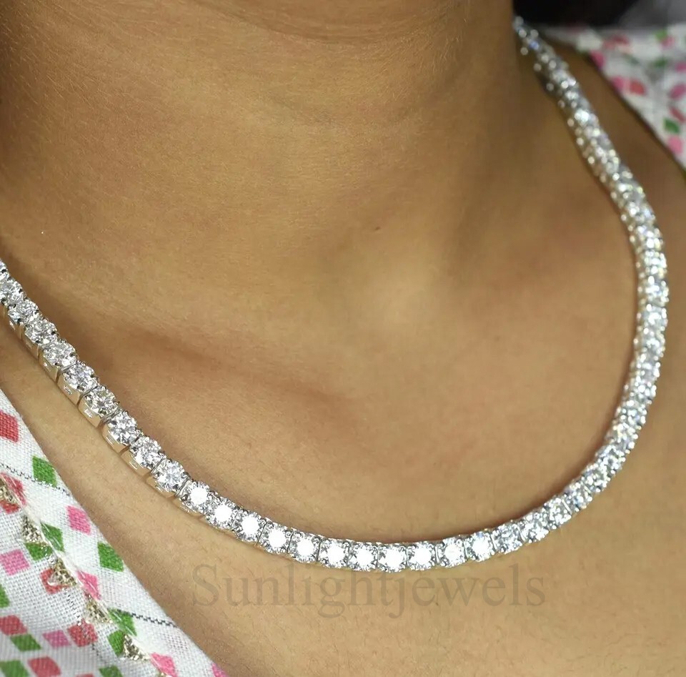 Real 925 Sterling Silver 5 mm Round Cut White Diamond Tennis Chain Necklace