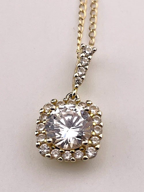 IBB GOLD OVER 925 STERLING SILVER 6.7MM CZ HALO NECKLACE 16″ FORMAL ELEGANT 1030