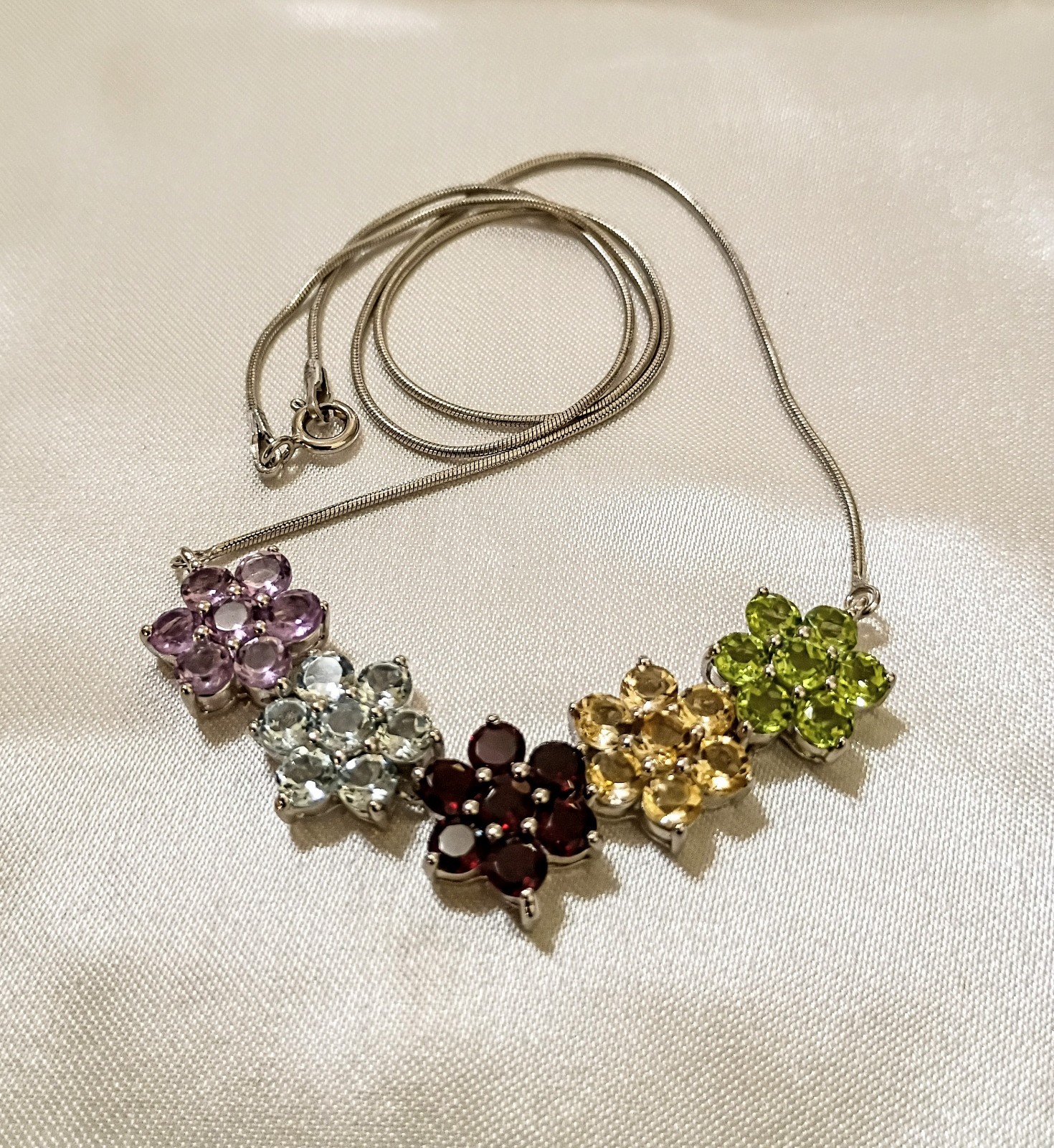 Silver Genuine Gemstone 5 Multicolor Flower Clusters 18″ Snake Chain Necklace