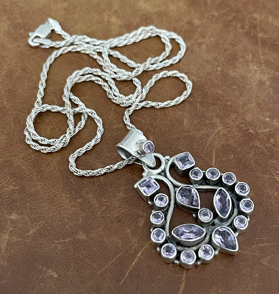 Vintage Amethyst Cluster Pendant Twisted Rope Chain Sterling 925 Necklace 20” in